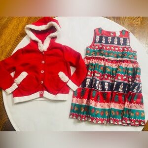 Christmas Print Dress & Red Hooded Sweater w/Faux Fur Trim, 2T